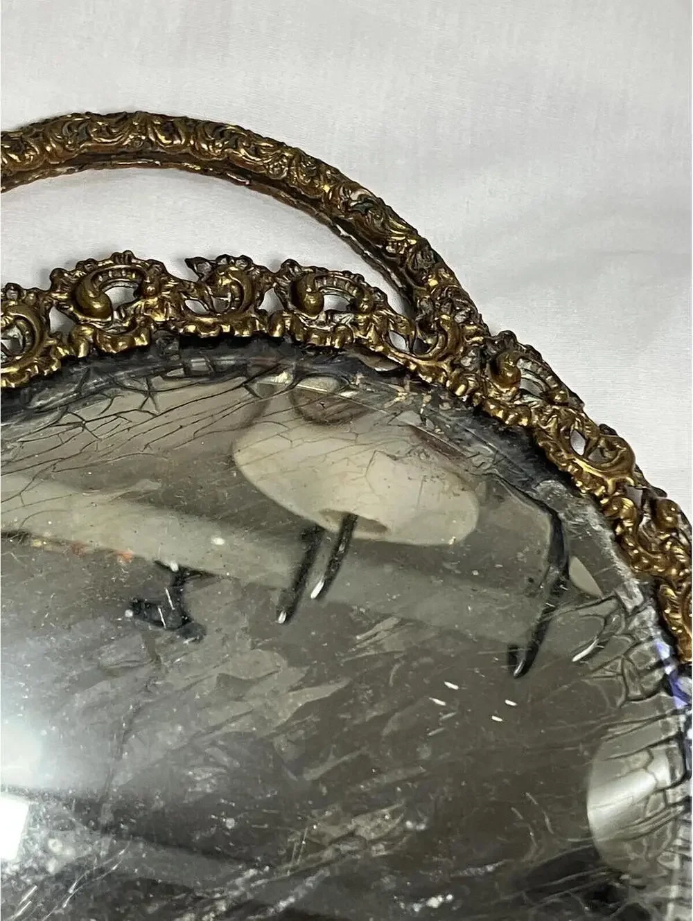 Vintage Brass Vanity Mirror Tray Round Ornate Handle
